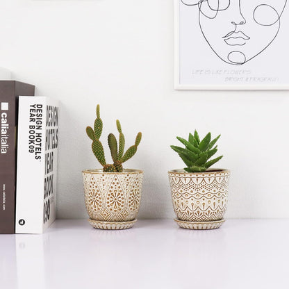 Gepege 6 Inch Beaded Ceramic Planter Set of 2 with Drainage Hole and Saucer for Plants, Indoor-Outdoor Large Round Succulent Orchid Flower Pot (Smoked Gray, Inner-pots not Larger Than 5 Inch)