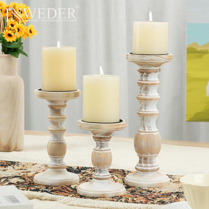 Wood Pillar Candle Holder: 3Pcs Rustic White Candle Holders for Pillar Candles Wood Candle Holders Distressed Wooden Farmhouse Candle Holder Large Rustic Candle Holder for Fireplace Table