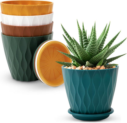 YNNICO 6 inch Plant Pots, 5 Pack Flower Pots Outdoor Indoor, Planters with Drainage Holes and Tray Saucers（Multicolor）