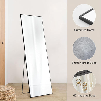 OLIXIS Black Arched Full Length Mirror 60"x16" for Bedroom, Full Body Mirror with Stand, Hanging or Leaning for Wall, Aluminum Alloy Thin Frame Floor Standing for Living Room