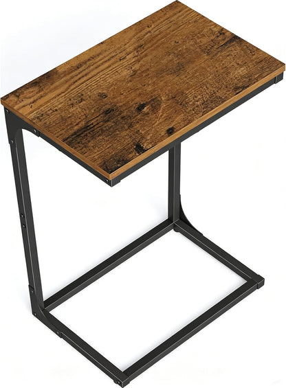 Simple Trending C Shaped End Table, TV Tray for Couch, Small Side Table with Metal Frame, for Living Room Bedroom, Rustic Brown