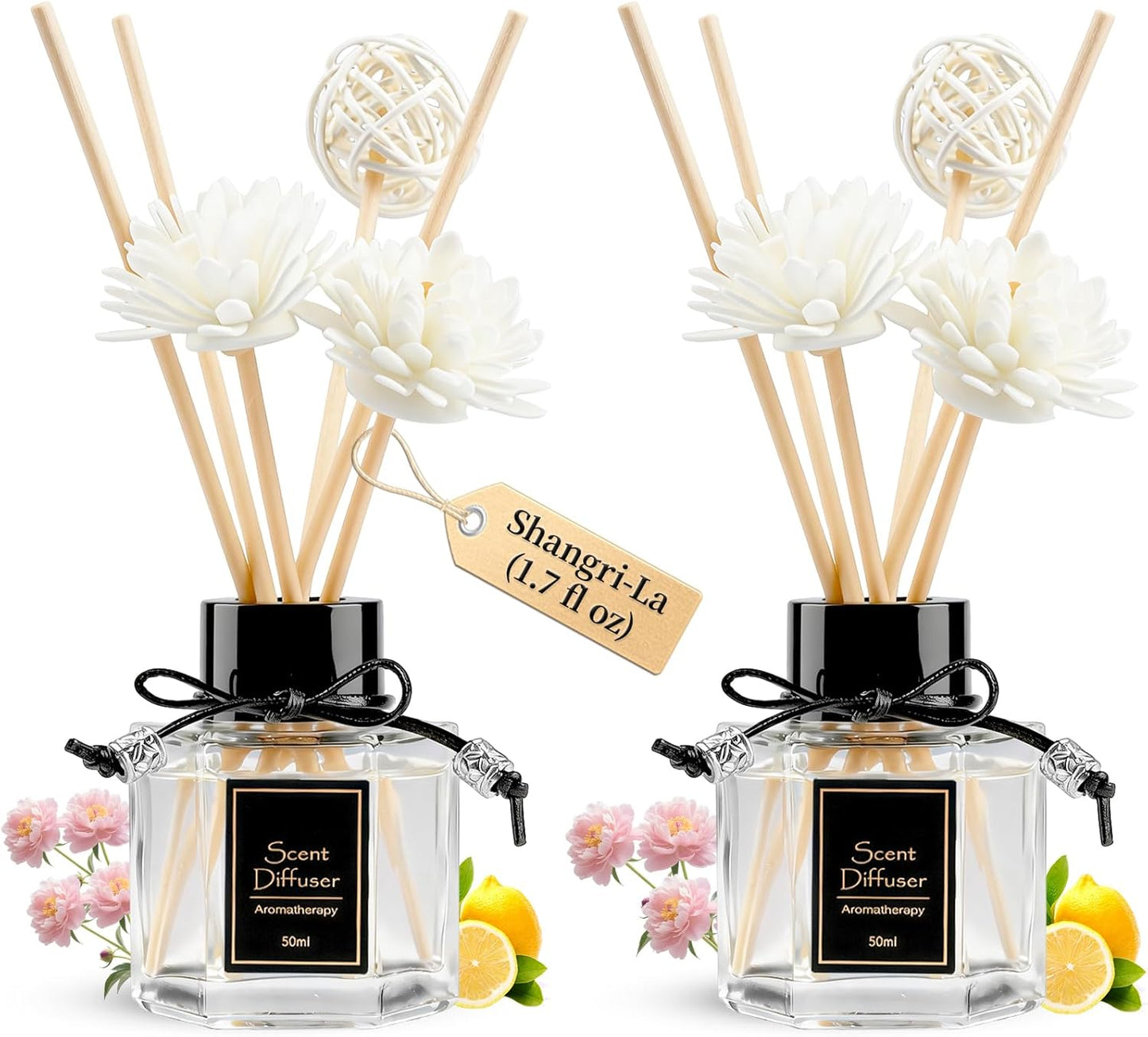 TonJin 2PCS Jasmine Reed Diffuser Set 1.7 fl oz with 6 Scent Sticks, Exotic Floral Home Fragrance, Natural Scented Oil Sticks for Bathroom, Living Room & Bedroom | Non-Toxic Air Freshener