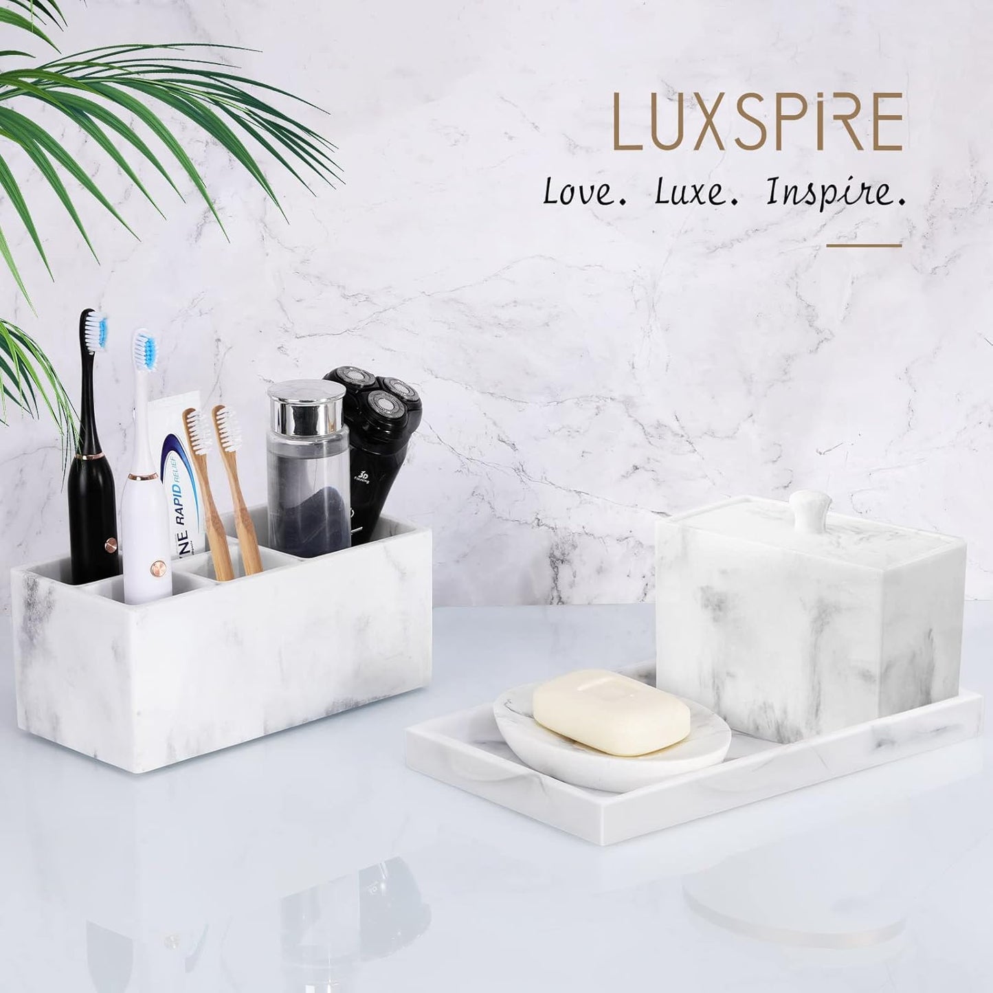 Luxspire Bathroom Vanity Tray, 8 x 4 inch Resin Kitchen Sink Tray for Soap Dispenser Bathroom Countertop Organizer Plate Holder for Perfume Soap Towel Bathroom Accessories, Mini, White Marble