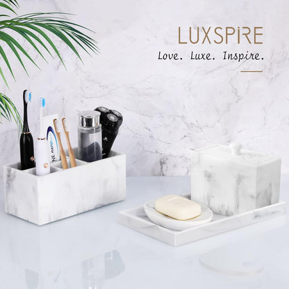 Luxspire Bathroom Vanity Tray, 8 x 4 inch Resin Kitchen Sink Tray for Soap Dispenser Bathroom Countertop Organizer Plate Holder for Perfume Soap Towel Bathroom Accessories, Mini, White Marble