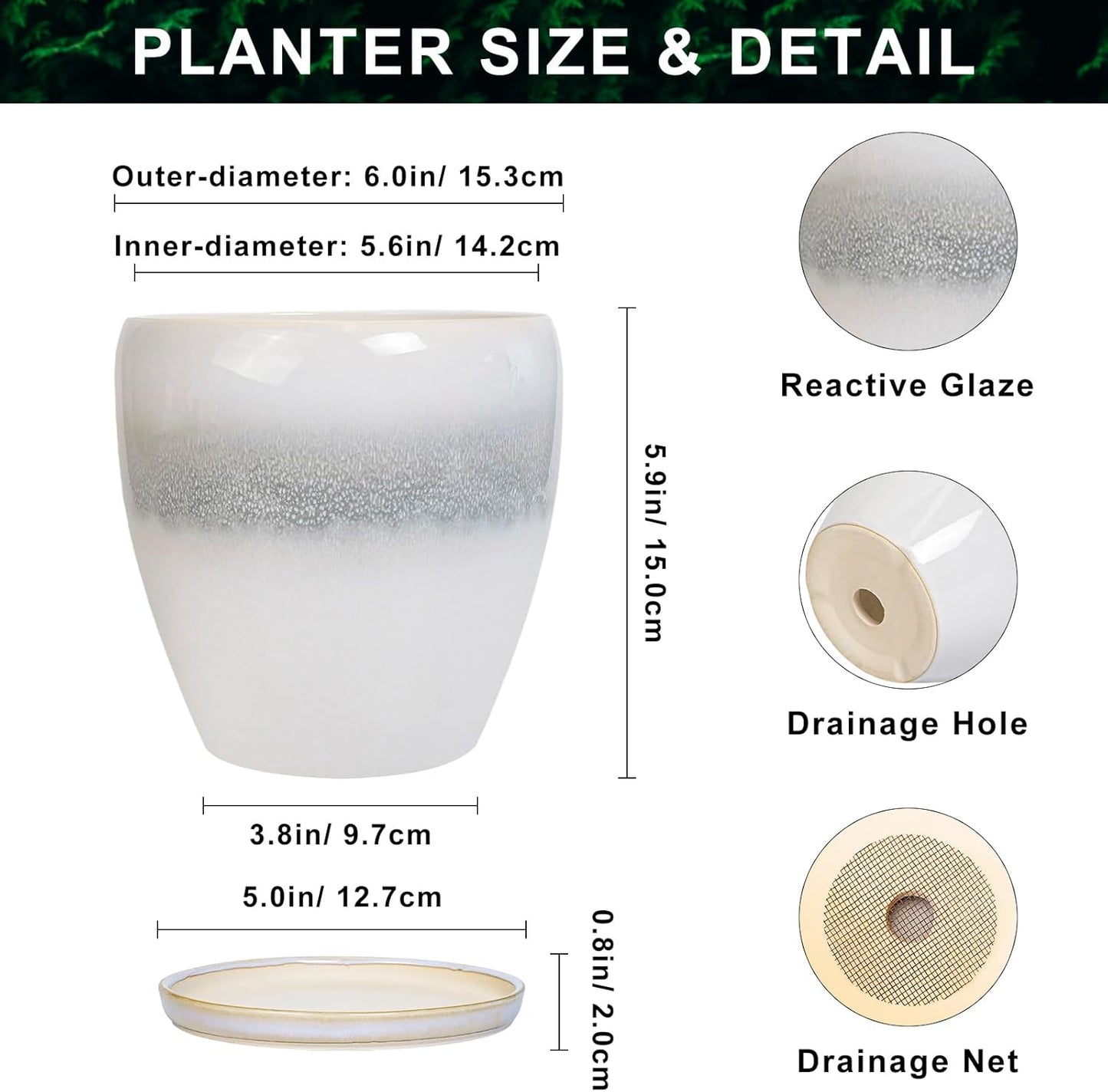 10 Inch Ceramic Planter Pot Round Plant Pot for Indoor Plants Outdoor Large Flower Pot with Drainage Hole and Saucer Blue