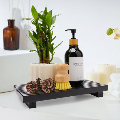 Renawe Farmhouse Bathroom Counter Tray Wood Display Pedesta Stand Kitchen Countertop Trays Decorative Wooden Riser Dish Soap Dispenser Holder for Bathroom Sink Accessories Kitchen Decor Vanity Tray