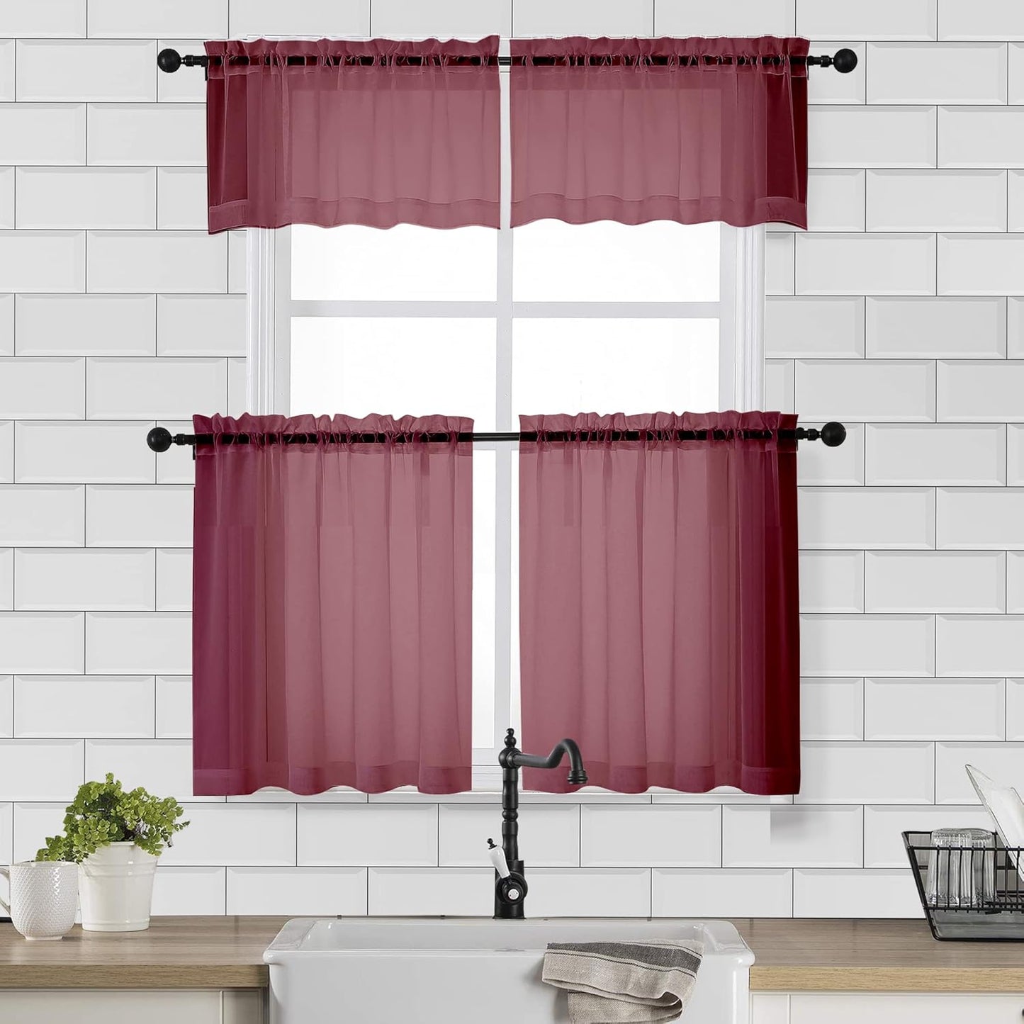 Chyhomenyc Sheer White Valances for Windows 2 Pack, Small Window Curtains for Living Room Bathroom Cafe Laundry Basement, Modern Top Dual Rod Pocket Voile Curtain, 42W x 14L inches, White - Colors A