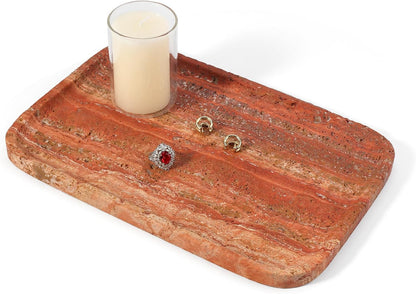 Koville Romano Travertine Tray, 12"x8" Natural Stone Vanity Tray for Countertop Bathroom Kitchen Dresser, Decorative Marble Catchall Trays for Perfume Jewelry, Rectangular Serving Tray(Beige)