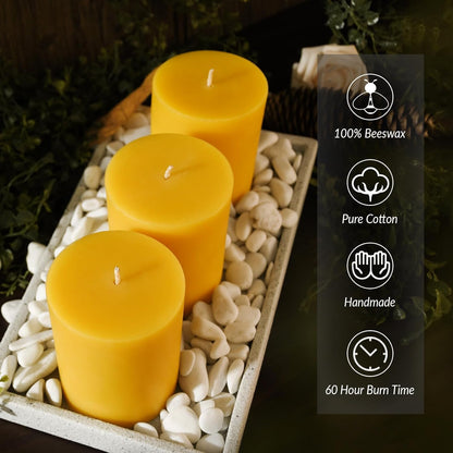 Set of 3 Natural Beeswax Pillar Candles - 3 inch Wide (3 inch 4inch 6inch Tall) - 100% Pure Bees Wax Candles, Long Burning, Unscented Smokeless & Dripless, for Emergency, Home Decor