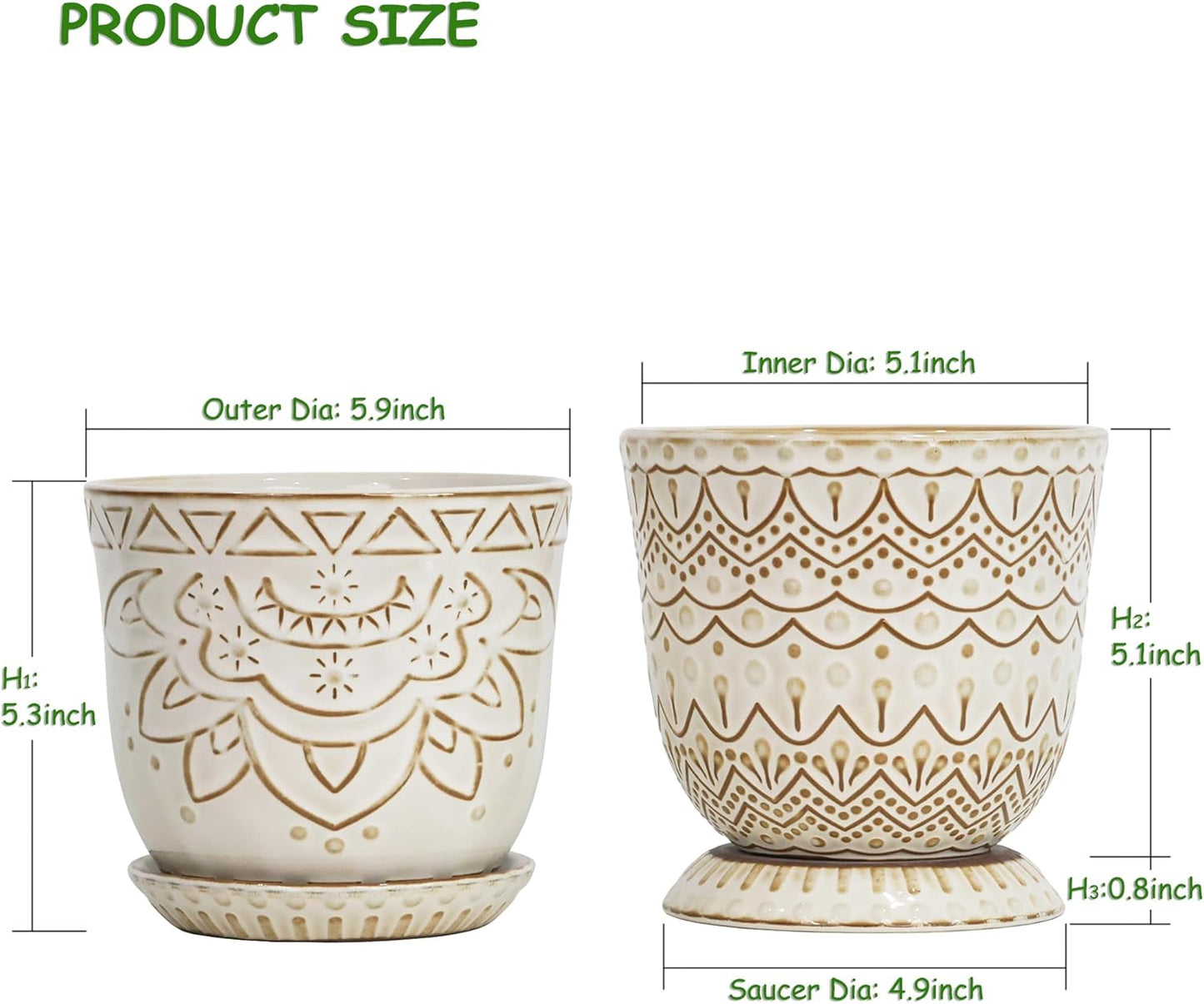 Gepege 6 Inch Beaded Ceramic Planter Set of 2 with Drainage Hole and Saucer for Plants, Indoor-Outdoor Large Round Succulent Orchid Flower Pot (Smoked Gray, Inner-pots not Larger Than 5 Inch)