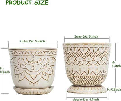 Gepege 6 Inch Beaded Ceramic Planter Set of 2 with Drainage Hole and Saucer for Plants, Indoor-Outdoor Large Round Succulent Orchid Flower Pot (Smoked Gray, Inner-pots not Larger Than 5 Inch)