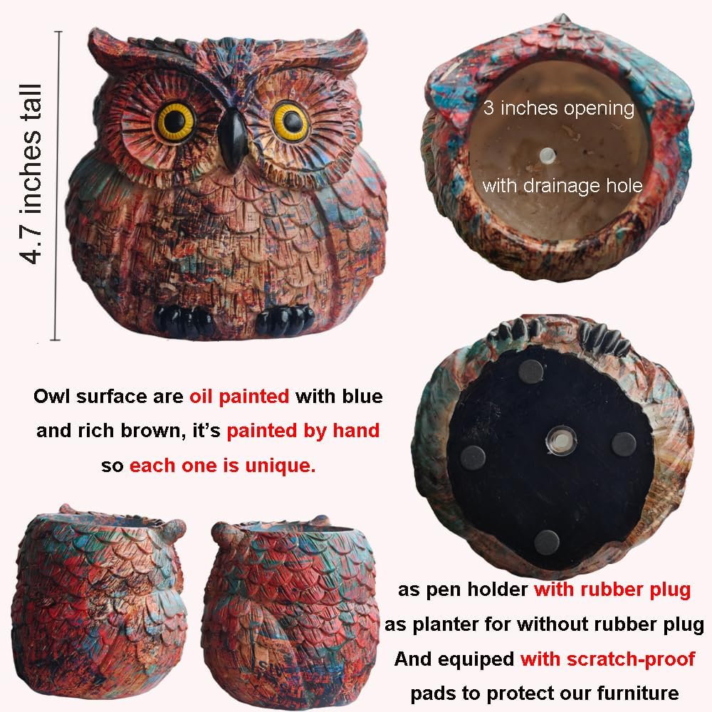 Owl Planter, Owl Succulent Pots, Funny Plant Pots Indoor/Outdoor, Decorative Garden Flower Pot, Cute Small Planters for office Home Decor, Unique Statue Figurine Gifts for Women Mother Teacher Red
