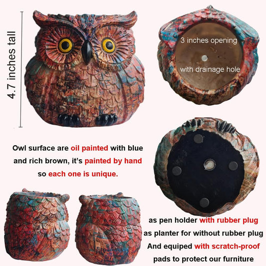 Owl Planter, Owl Succulent Pots, Funny Plant Pots Indoor/Outdoor, Decorative Garden Flower Pot, Cute Small Planters for office Home Decor, Unique Statue Figurine Gifts for Women Mother Teacher Red