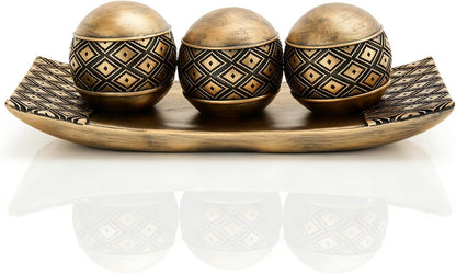 Gold Decorative Orbs with Tray Set, 3Pcs Resin Decorative Balls with Tray, Modern Accent Sphere for Coffee Table, Dining Table, Living Room, Entryway