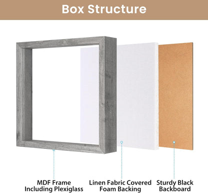 Califortree 8x8 Shadow Box Frame with Soft Linen Back - Push Pins Included, Memory Box Display Case for Flower, Tickets and 3D Items, Black