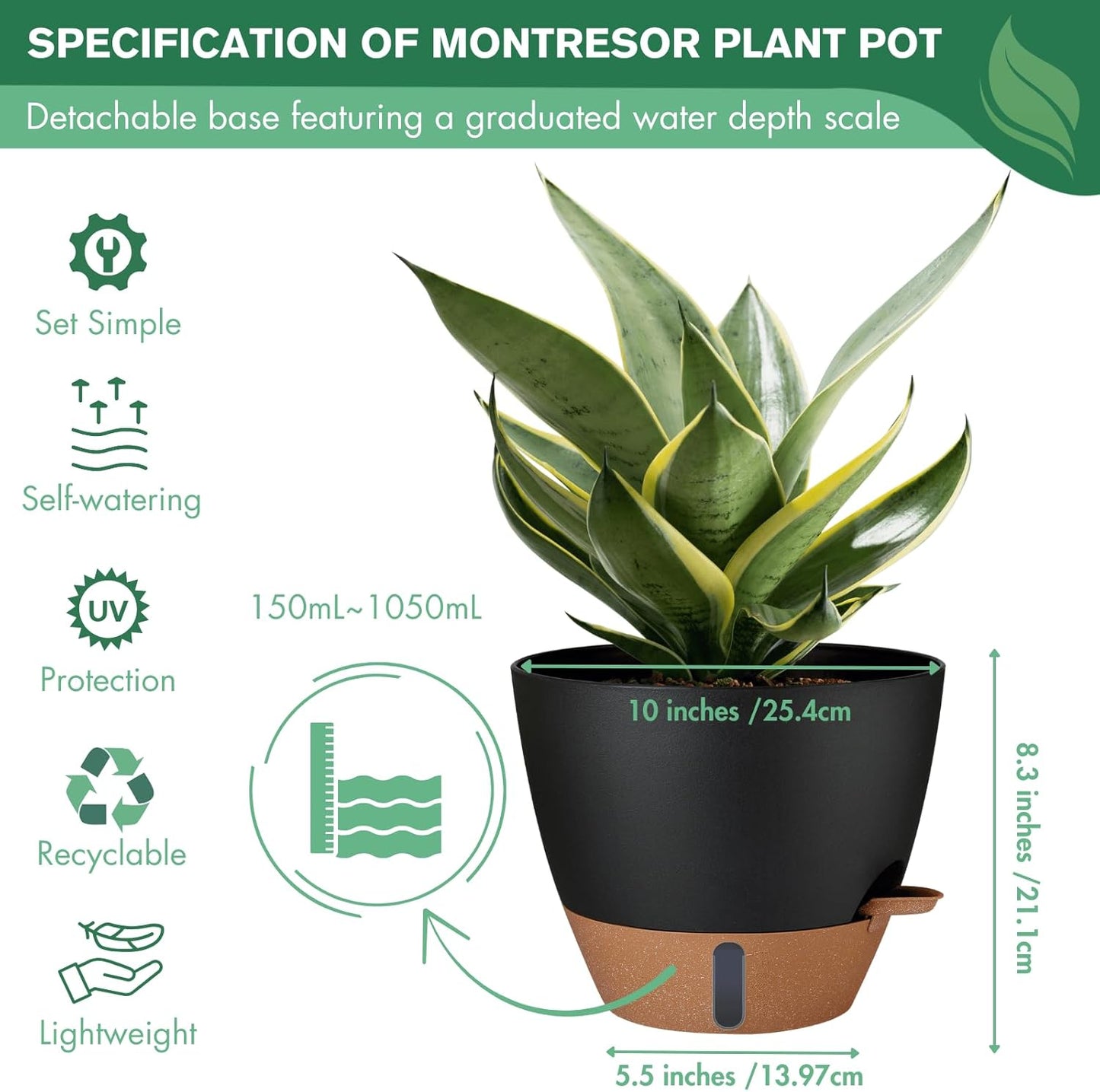 montresor 12/10/8 Inch Self Watering Pots for Indoor Plants Plastic Large Plant Pots for Outdoor Plants, Water Level Window & Spacious Reservoir Flower Pots Decorative Planter with Drainage and Tray