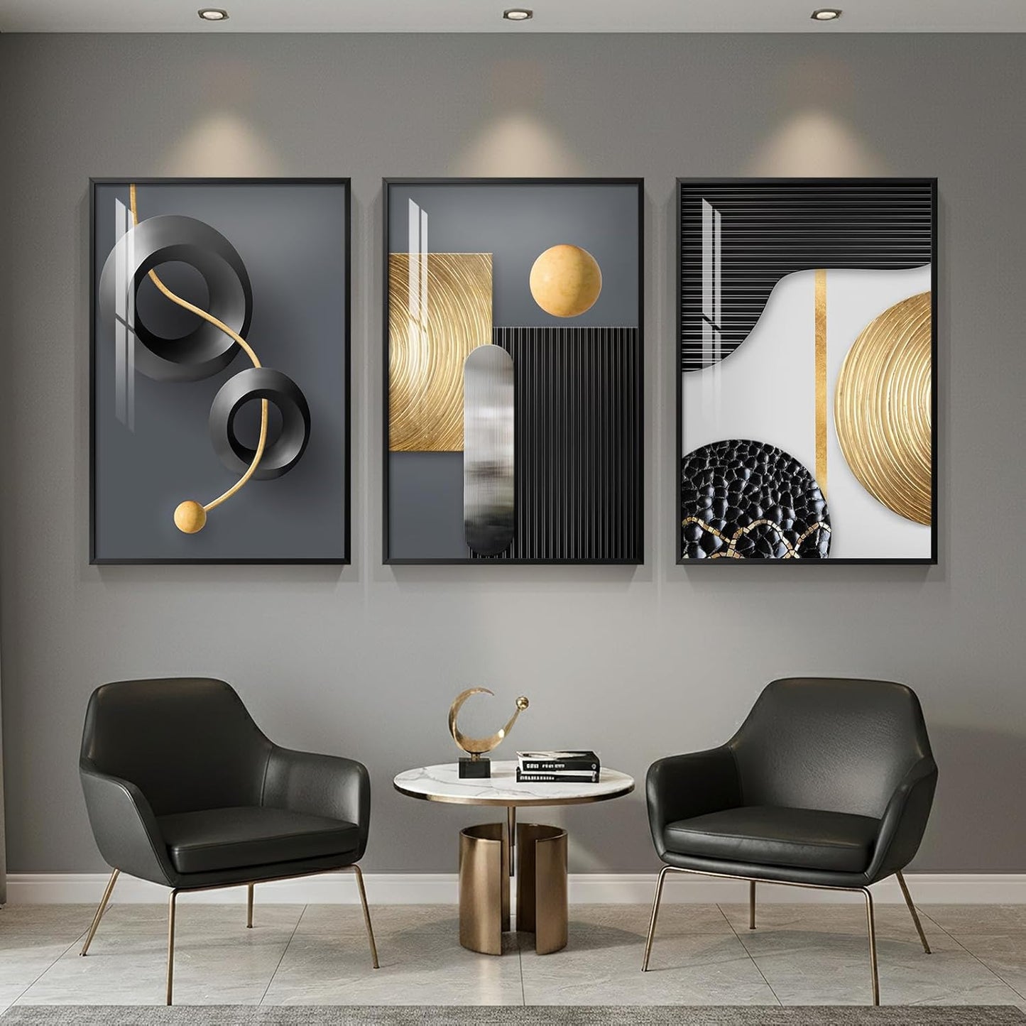 Framed Modern Luxury Gold Wall Art, Set of 3 Piece Contemporary Paintings Artwork for Walls, Golden Prints Pictures with Gold Frame, Wall Decor for Living Room, Hallway, Bedroom, Office 16x24 Inch