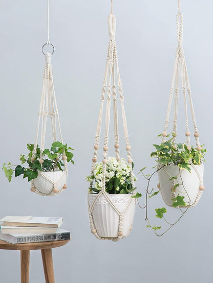 Mkono 3 Pack Macrame Plant Hangers Indoor Different Size Hanging Planter Basket Flower Pot Holder with Beads No Tassels 35"/29"/23", Medium, Brown