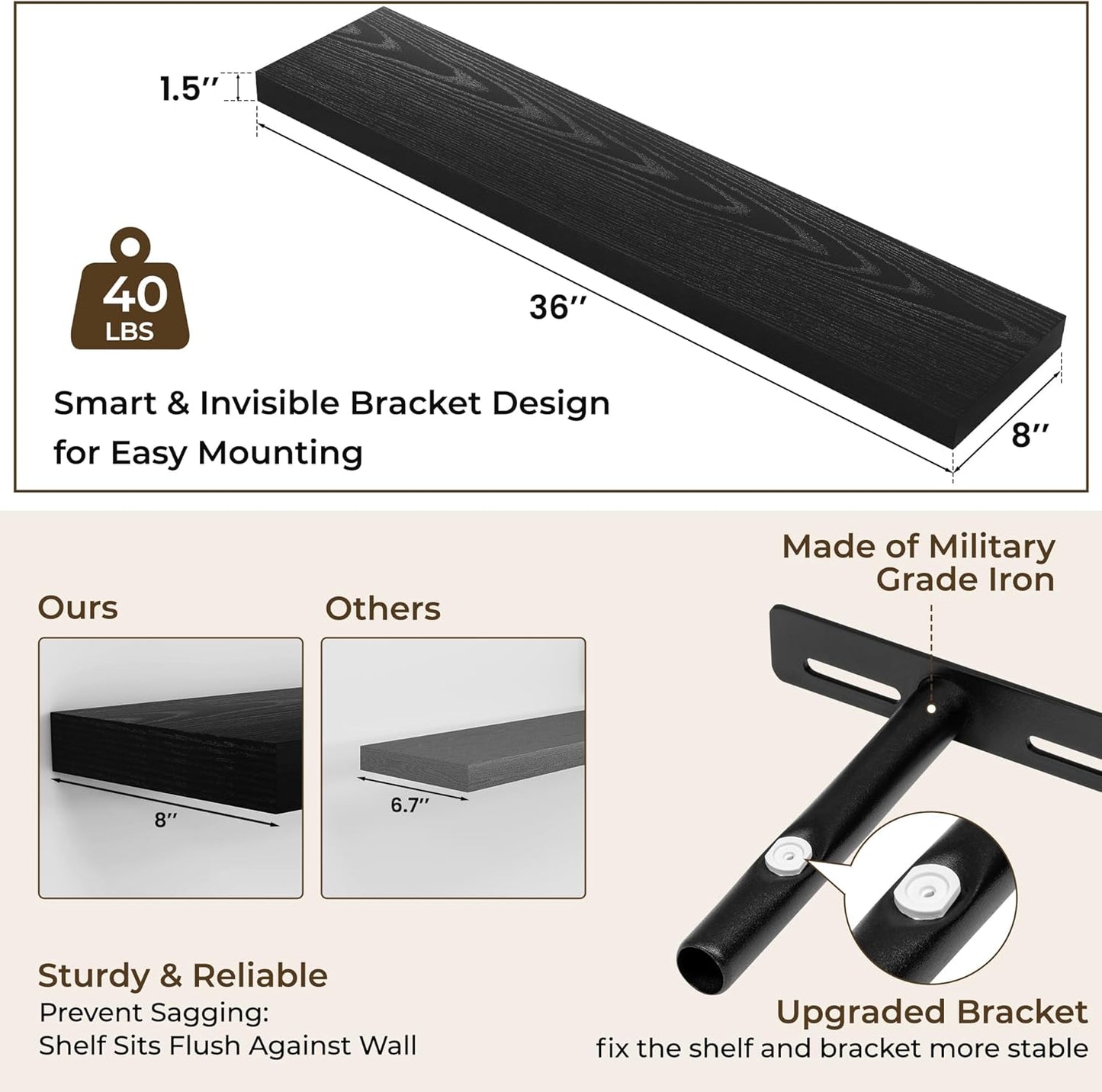 RICHFOCUS 72Inch Floating Shelves for Wall 2 Pack Shelves for Bedroom|Kitchen|Bathroom Wall Mounted Rustic Wood Floating Shelf with Invisible Brackets for Books|Storage|Decor, Rustic Brown