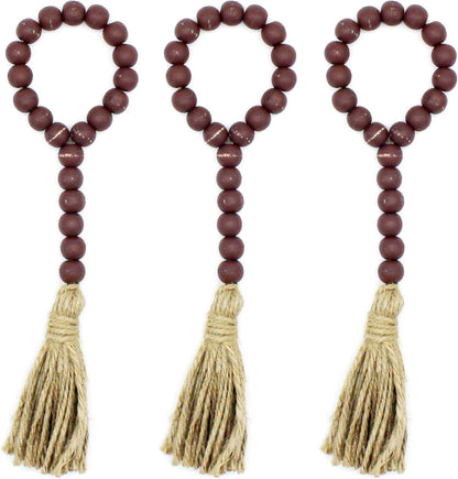 CVHOMEDECO. Wood Beads Garland with Tassels 3 PCS Farmhouse Rustic Wooden Prayer Bead String Wall Hanging Accent for Home Festival Decor. Natural
