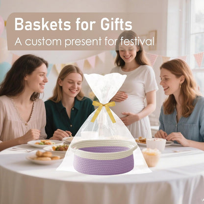 JMvicyroam Woven Basket,Small Rope Storage Bin with Handles & Ribbon Bag, Organizer for Shelves Closets,Gift Basket Empty for Birthday,Books,Dog Toys,White