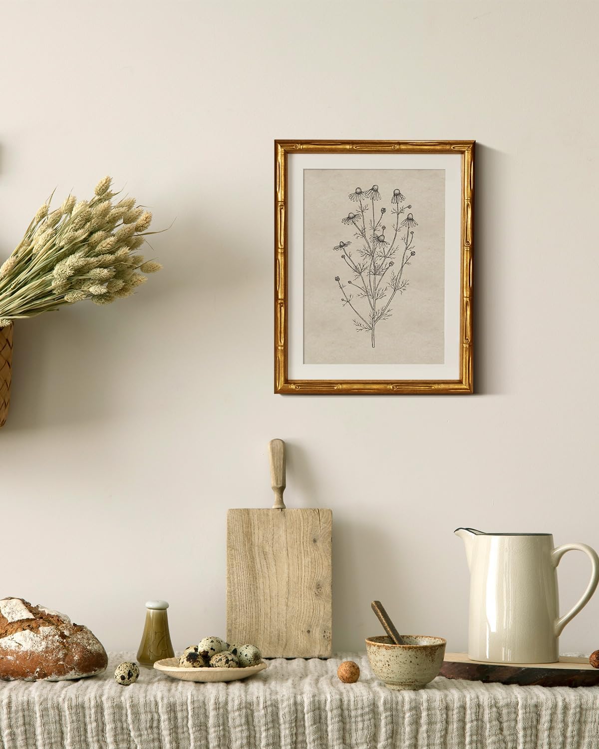 InSimSea Gold Bamboo Framed Canvas Wall Art, Retro Blue Hydrangea Botanical Prints, Antique Flowers Picture Frame with Mat, Victorian Home Wall Decor for Kitchen Living Room Bedroom, 11x14inch