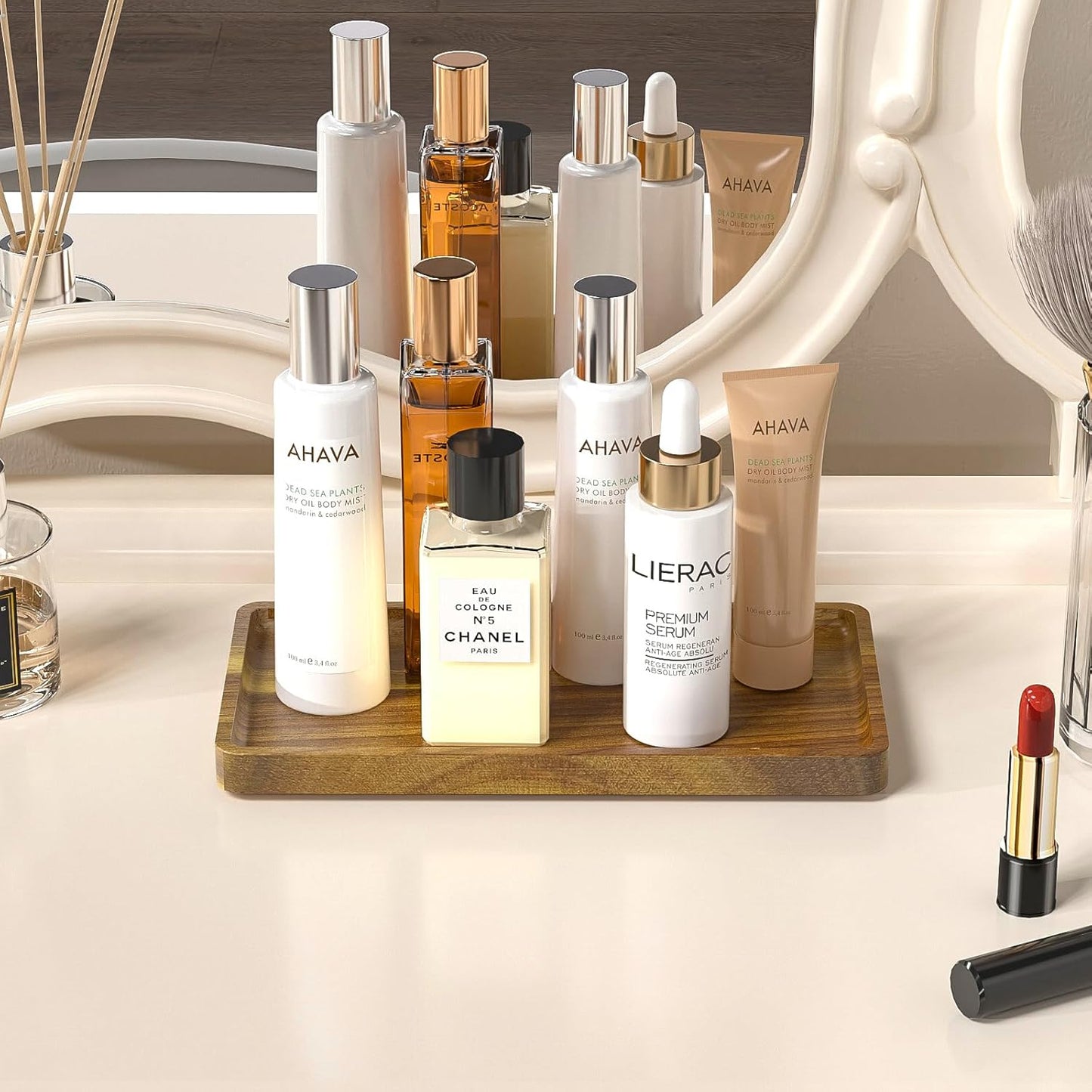 Bathroom Vanity Tray for Countertop - Bamboo Organizer Tray for Dresser Tops, Toilet, Perfume Small Decorative Tray Wood Tray for Home Decoration 11.81” L x 6.1” W x 0.79” H Black