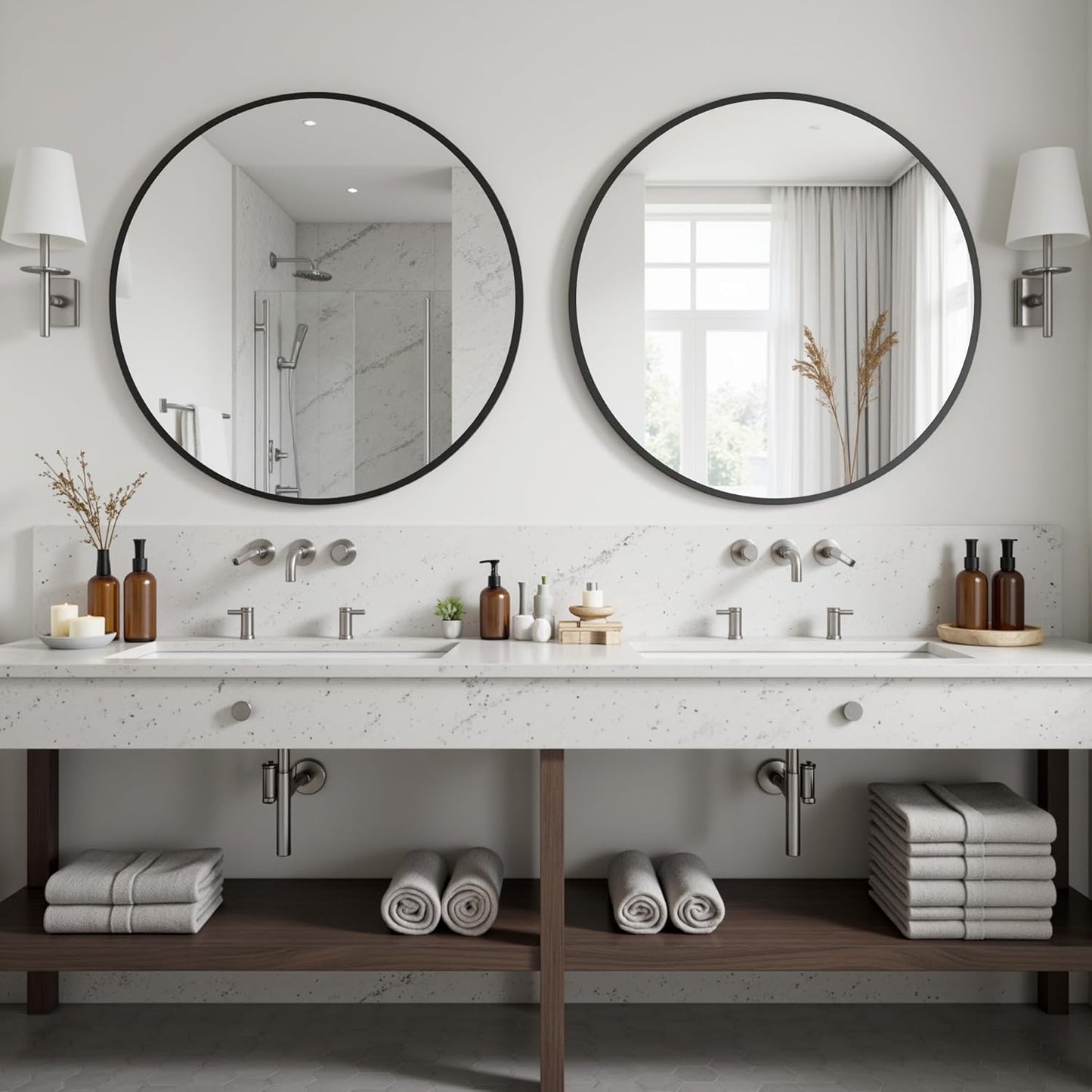 Antok 30 Inch Round Mirror for Wall, Round Bathroom Mirror, Circle Wall Mirrors with Black Metal Frame, Circle Mirrors Suitable for Wall, Bathroom, Vanity, Living Room, Entryway