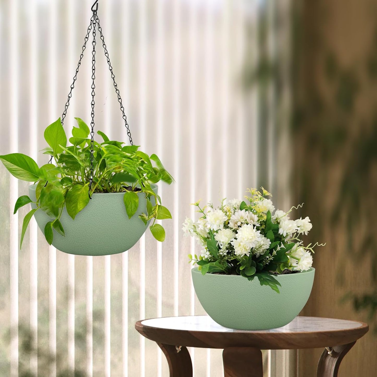 Meowell 10 inch Hanging Planters for Indoor Outdoor Plants, 2 Pack Hanging Flower Pots with Drainage Holes and Chain for Garden Porch, Plastic Hanging Baskets for House Plants, Speckled Grey