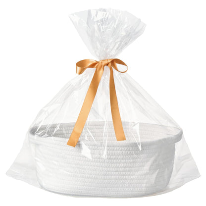 Small Woven Gift Basket Empty with Bag & Ribbon - Gifts for Mom, Baby Shower, Birthdays & Raffle - Cotton Rope Storage Basket for Dog Toys or Shelf - 12"x8"x5", White