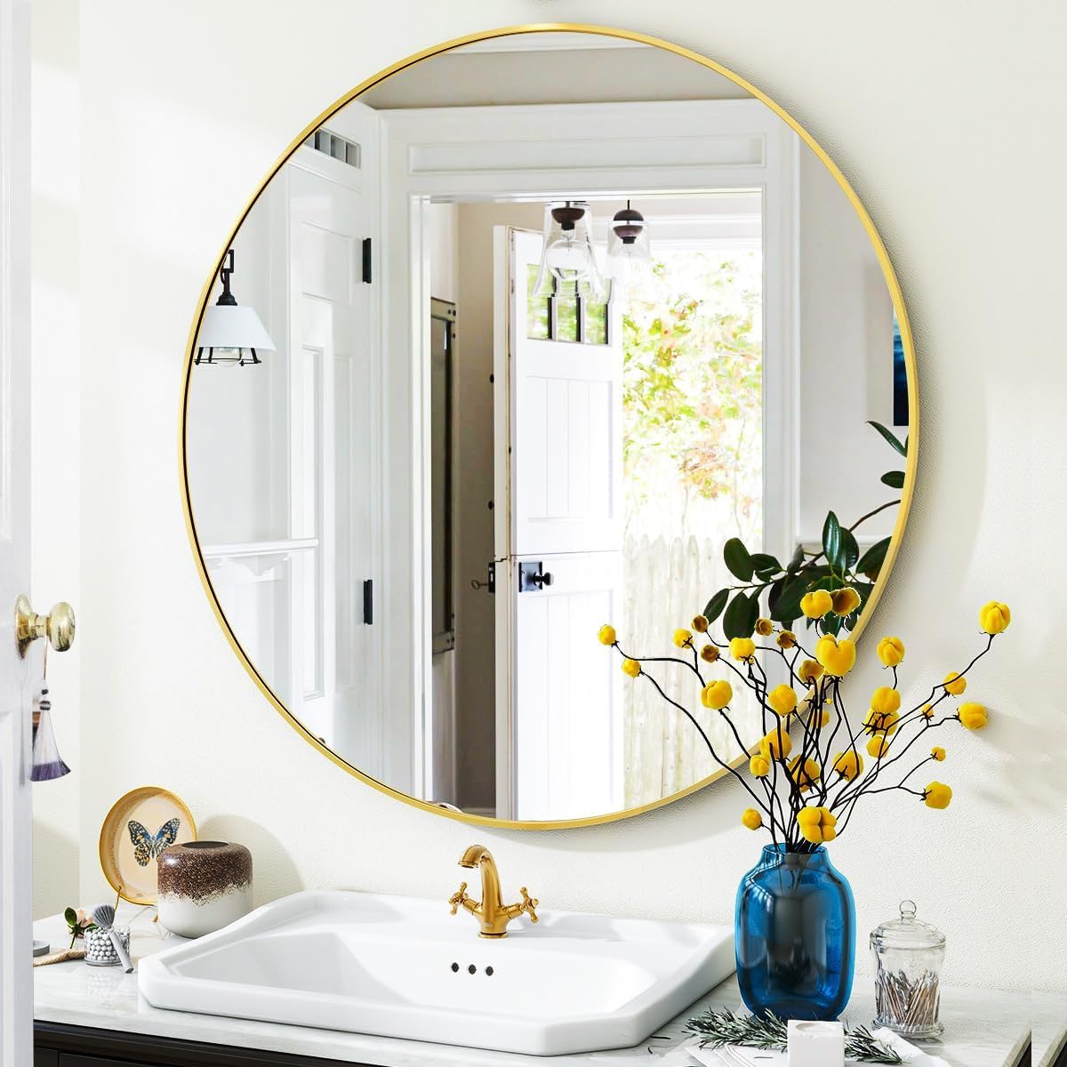 VooBang Large Black Round Bathroom Mirror, 48 inch Circle Wall Mounted Hanging Mirror with Simple Modern Circular Metal Frame for Hallway, Entryway, Living Room, Black Frame