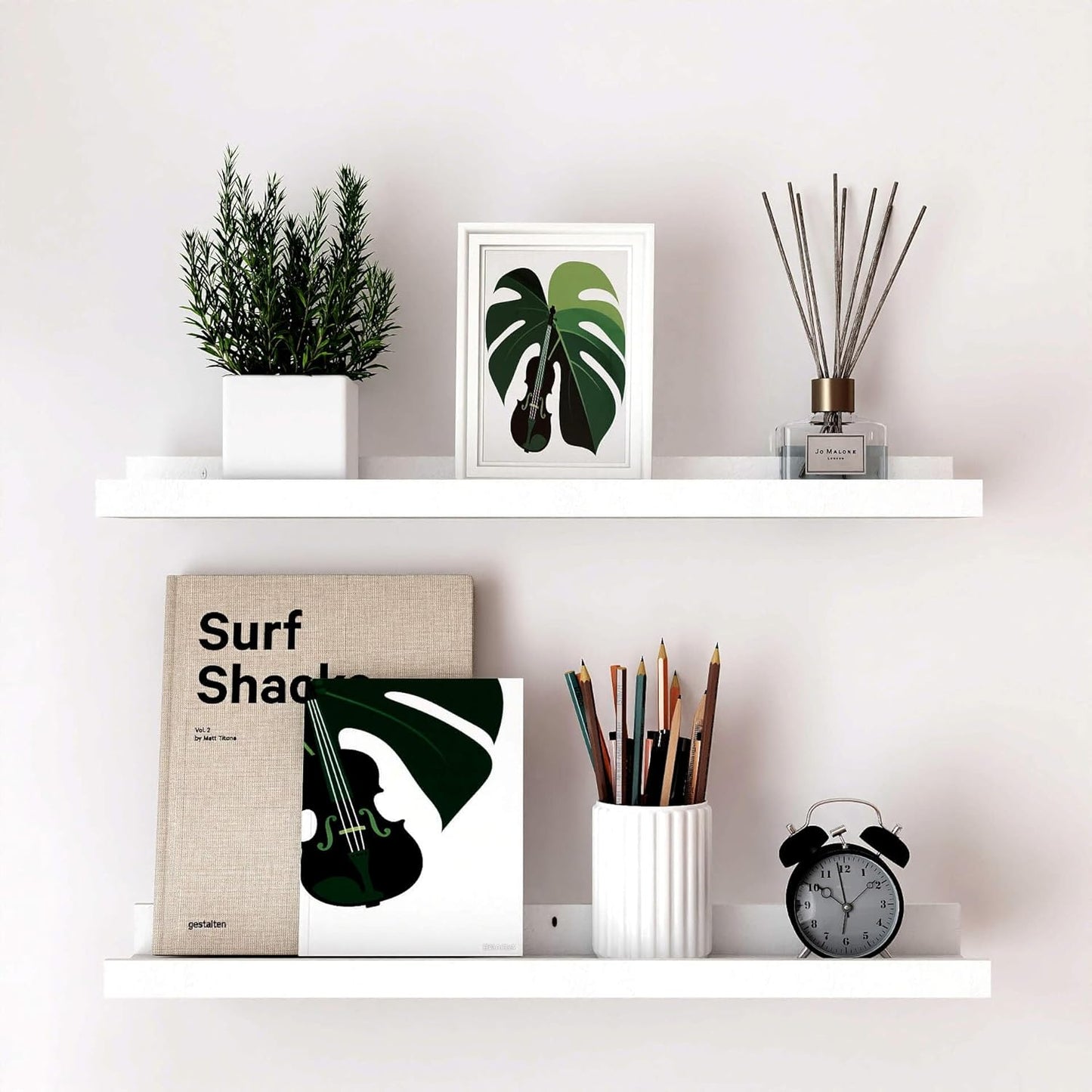 White Floating Shelves for Wall Decor, Wall Mounted Wood Storage Shelf for Bedroom, Living Room, Bathroom, Kitchen, Nursery, Display Picture Ledge Shelf with Lip Set of 2-14 Inches, White