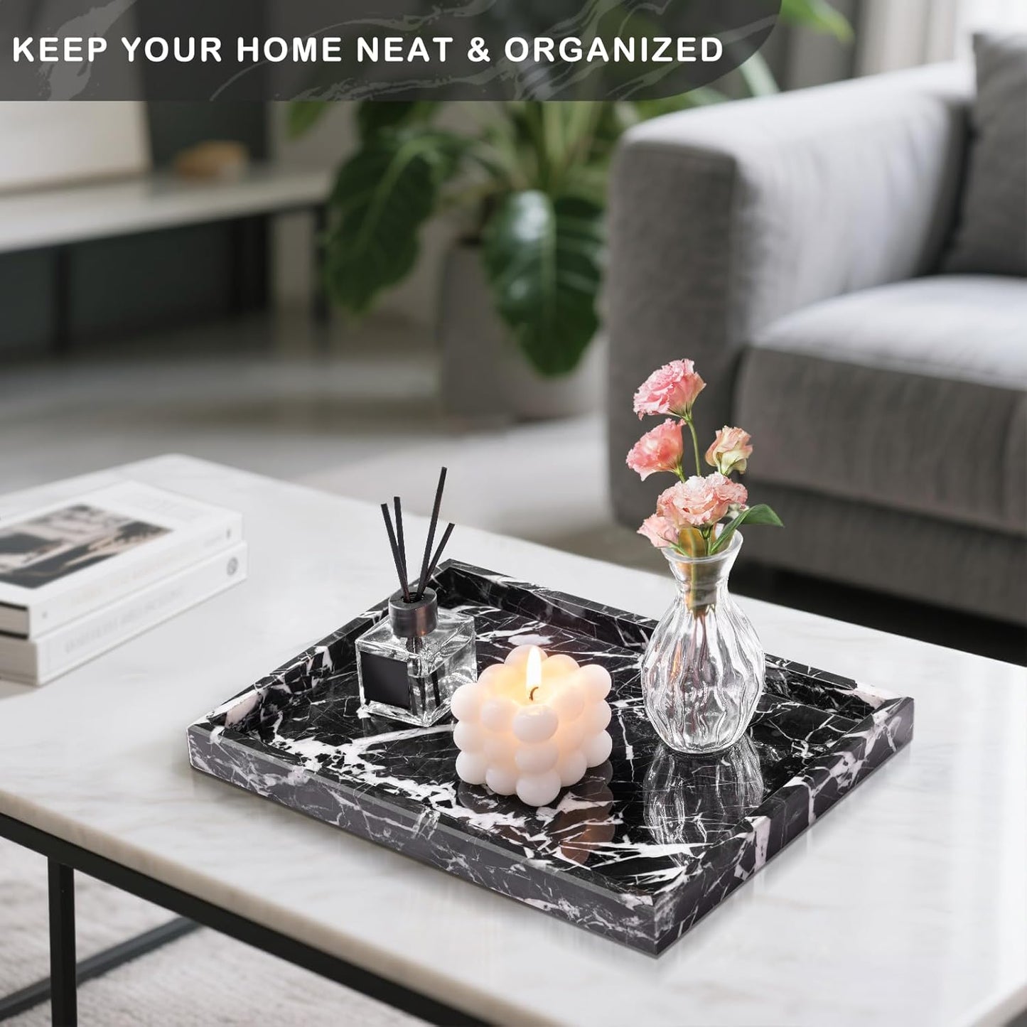 Marble Bathroom Tray for Countertop & Home Decor, Natural Decorative Marble Tray for Jewelry & Perfume Organizer, Luxury Stone Vanity Trays for Dresser, Kitchen Counter, 12" x 8", Gray Black