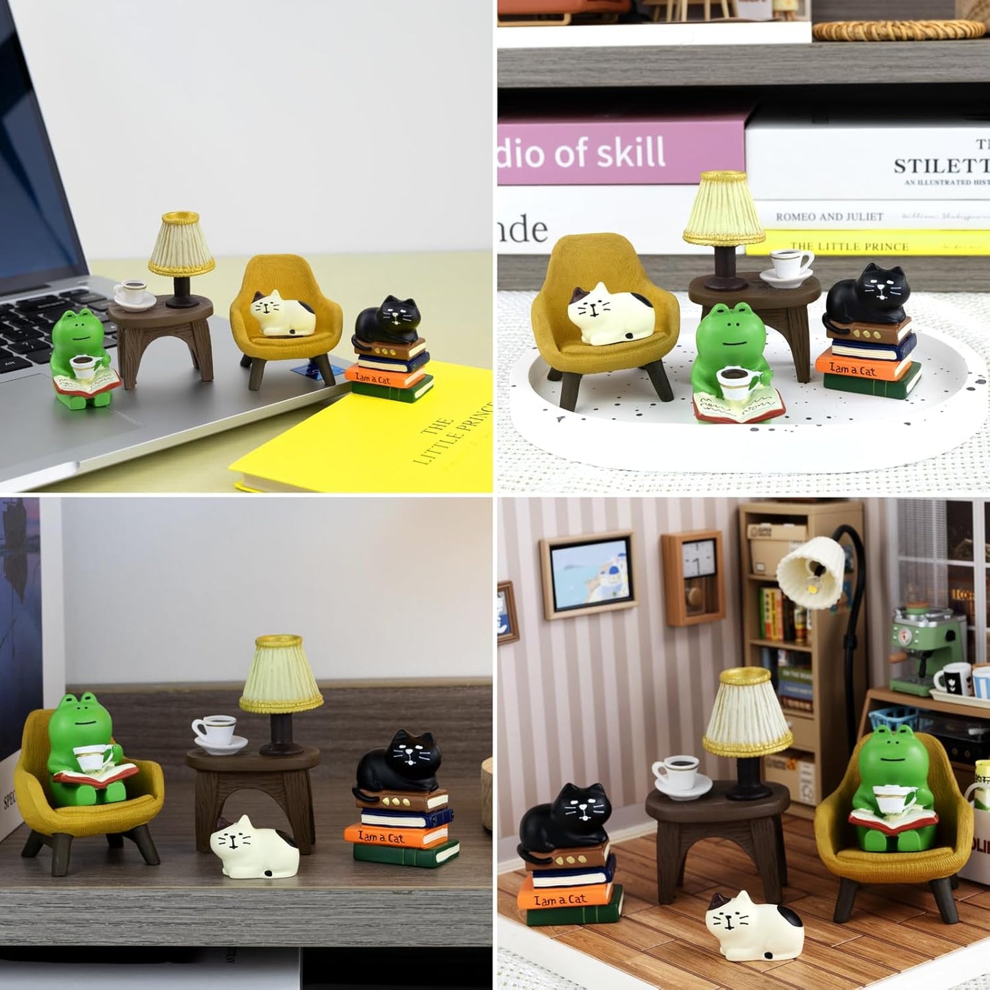 RAQWI Cute Mini Frog and Cat Figurine for Office, Home Decoration Perfect Cute Frog and Cat Gift