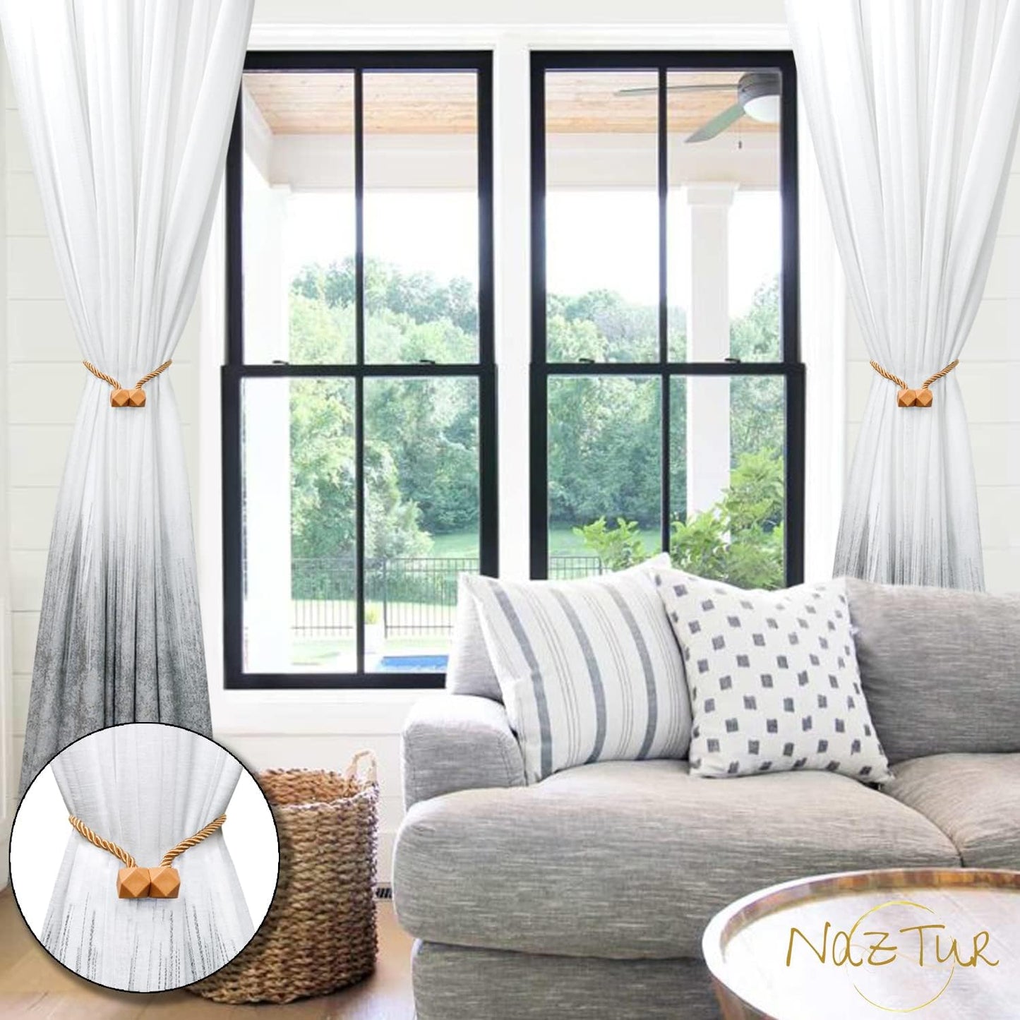 NazTur Magnetic Curtain Tiebacks- Upgrade 2022 with a Thicker Twist Rope & Strong Magnet Tieback Window Treatment Holdbacks Draperies Holders Decorative Drape Handmade Tie Back (Black, 2)