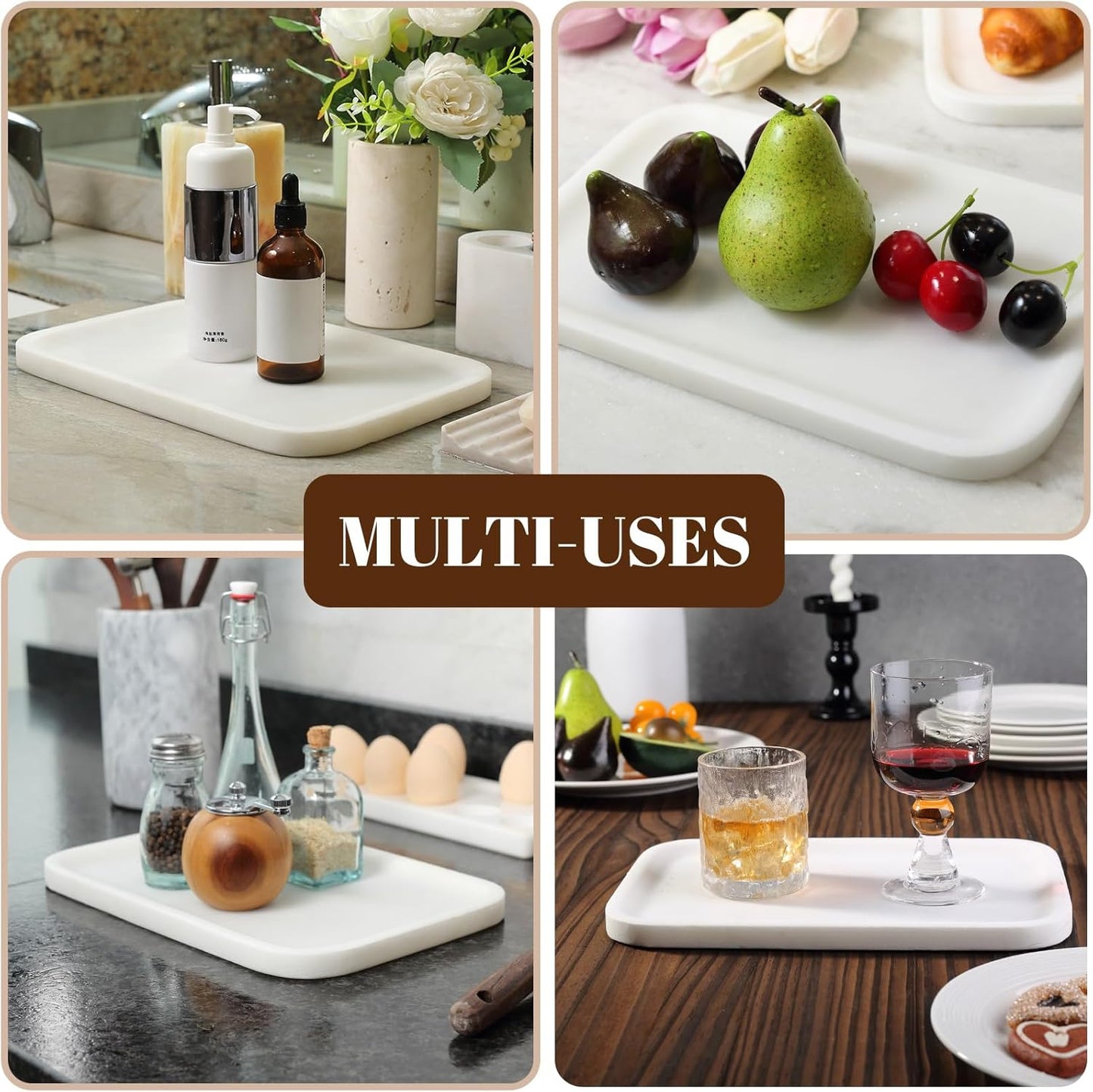 Koville Romano Travertine Tray, 12"x8" Natural Stone Vanity Tray for Countertop Bathroom Kitchen Dresser, Decorative Marble Catchall Trays for Perfume Jewelry, Rectangular Serving Tray(Beige)