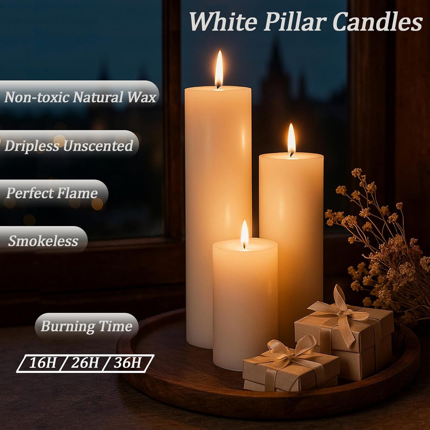 18 Pcs White Pillar Candles Bulk Set，Hurricane Candles，3 Different Lengths 2 x 3/4/6 Inch (6 Each)，Dripless Unscented Smokeless，Gives You a Better Atmosphere When Organizing an Event Party.
