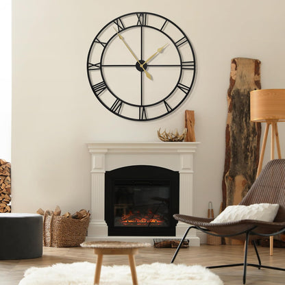 LEIKE 16" Large Wall Clocks Battery Operated, Round Modern Silent Non-Ticking Black Metal Wall Clock for Living Room Decor, Bedroom Kitchen (40cm Diameter, Black Roman Number)