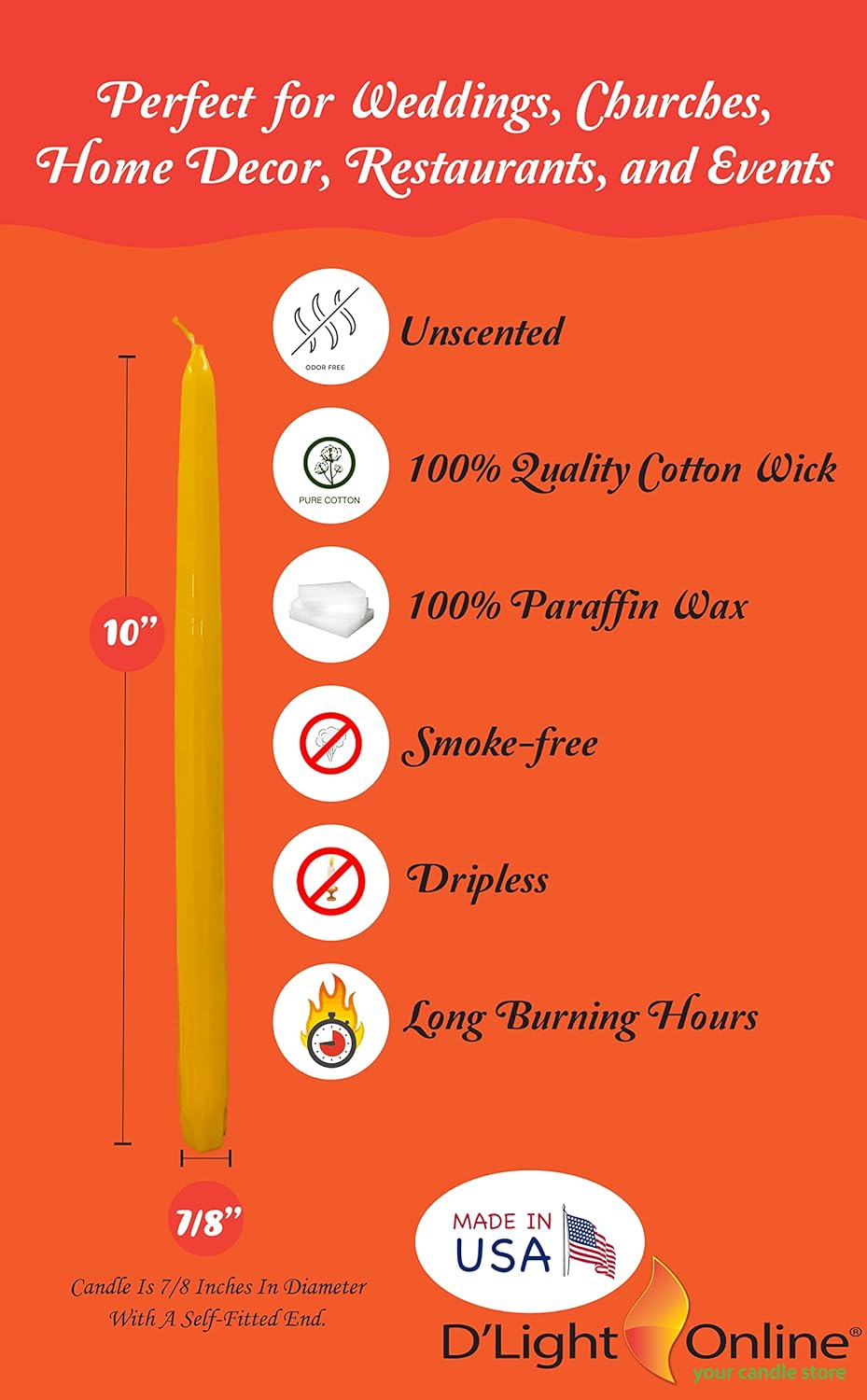 D'light Online White Taper Candles, 10 Inch Premium Quality Candles Hand-Dipped Tapered Candles, Dripless, Smokeless and Unwrapped Bulk Pack for Events - Set of 12 (10 Inch, White)