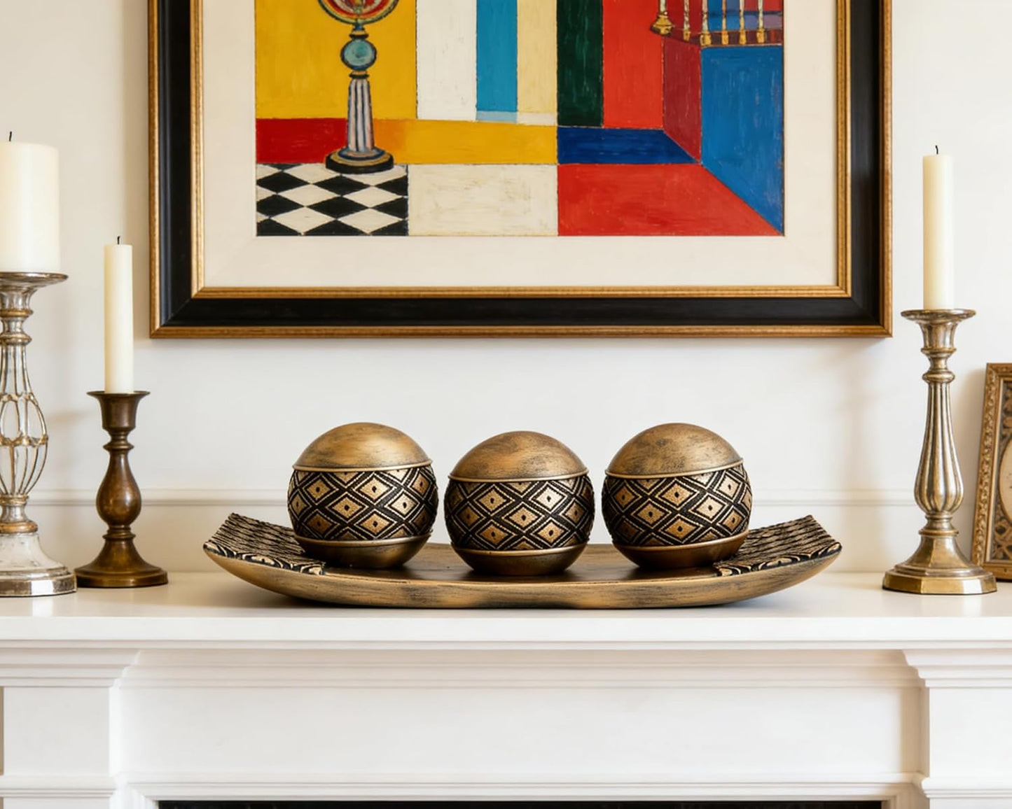 Gold Decorative Orbs with Tray Set, 3Pcs Resin Decorative Balls with Tray, Modern Accent Sphere for Coffee Table, Dining Table, Living Room, Entryway