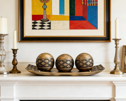 Gold Decorative Orbs with Tray Set, 3Pcs Resin Decorative Balls with Tray, Modern Accent Sphere for Coffee Table, Dining Table, Living Room, Entryway