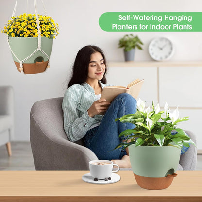 Vanslogreen Hanging Planters for Indoor Outdoor Plants, 2 Pack Self Watering Hanging Pot with Drainage Holes & Removable Tray (Black, 8'')