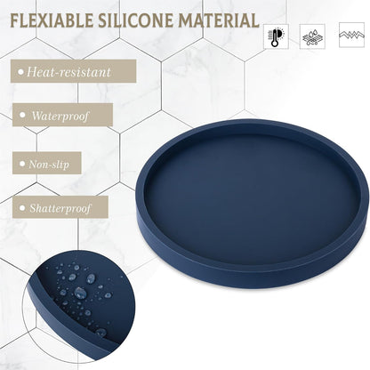 Silicone Bathroom Tray Round Vanity Tray Decorative Soap Holder Kitchen Countertop Organizer Coffee Table Decor for Candle, Perfume, Plant, 9 Inch, Black
