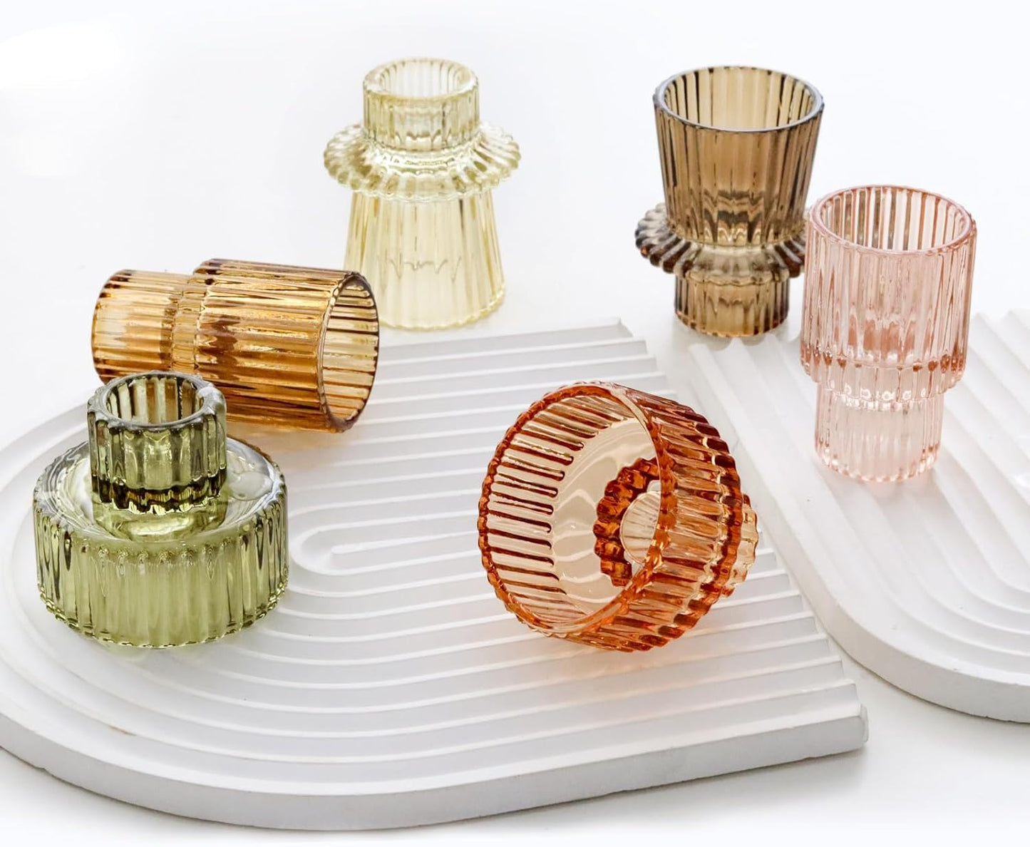 Brown Candlestick Holders 12PCS Ribbed Glass Taper Candle Holders Set for Tealight Candlestick Candles, Table Centerpieces for Thanksgiving Christmas Farmhouse Decor Indoor and Outdoor