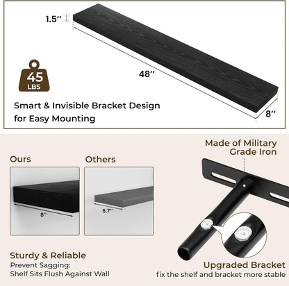 RICHFOCUS 72Inch Floating Shelves for Wall 2 Pack Shelves for Bedroom|Kitchen|Bathroom Wall Mounted Rustic Wood Floating Shelf with Invisible Brackets for Books|Storage|Decor, Rustic Brown