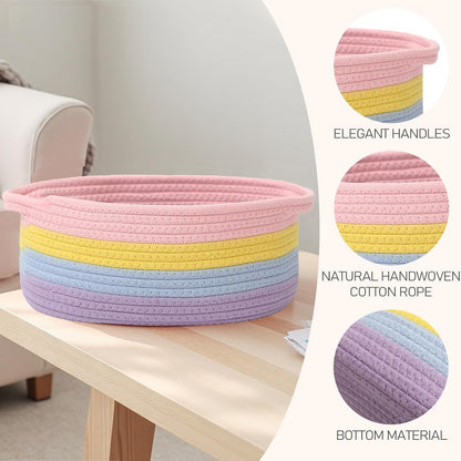 JMvicyroam Woven Basket,Small Rope Storage Bin with Handles & Ribbon Bag, Organizer for Shelves Closets,Gift Basket Empty for Birthday,Books,Dog Toys,White