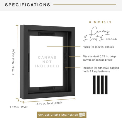 MCS Canvas Float Frames 8x10 Frame, Black Frame for Finished Canvases, Vertical & Horizontal Wall Hanging Frame with Adhesive for Canvas Paintings (1-Pack)
