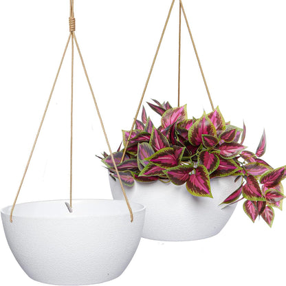 SwinDuck 13 Inch 2 Pack Large Hanging Planters for Indoor Outdoor Plants, Plastic Hanging Basket Pots for House Plants Flowers, White