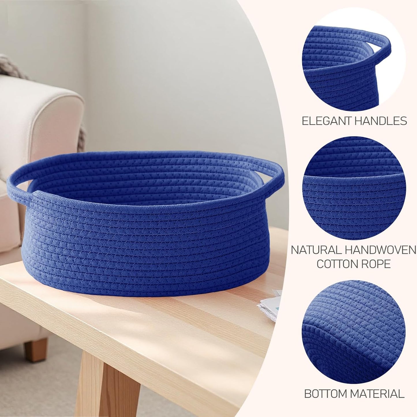 JMvicyroam Woven Basket,Small Rope Storage Bin with Handles & Ribbon Bag, Organizer for Shelves Closets,Gift Basket Empty for Birthday,Books,Dog Toys,White