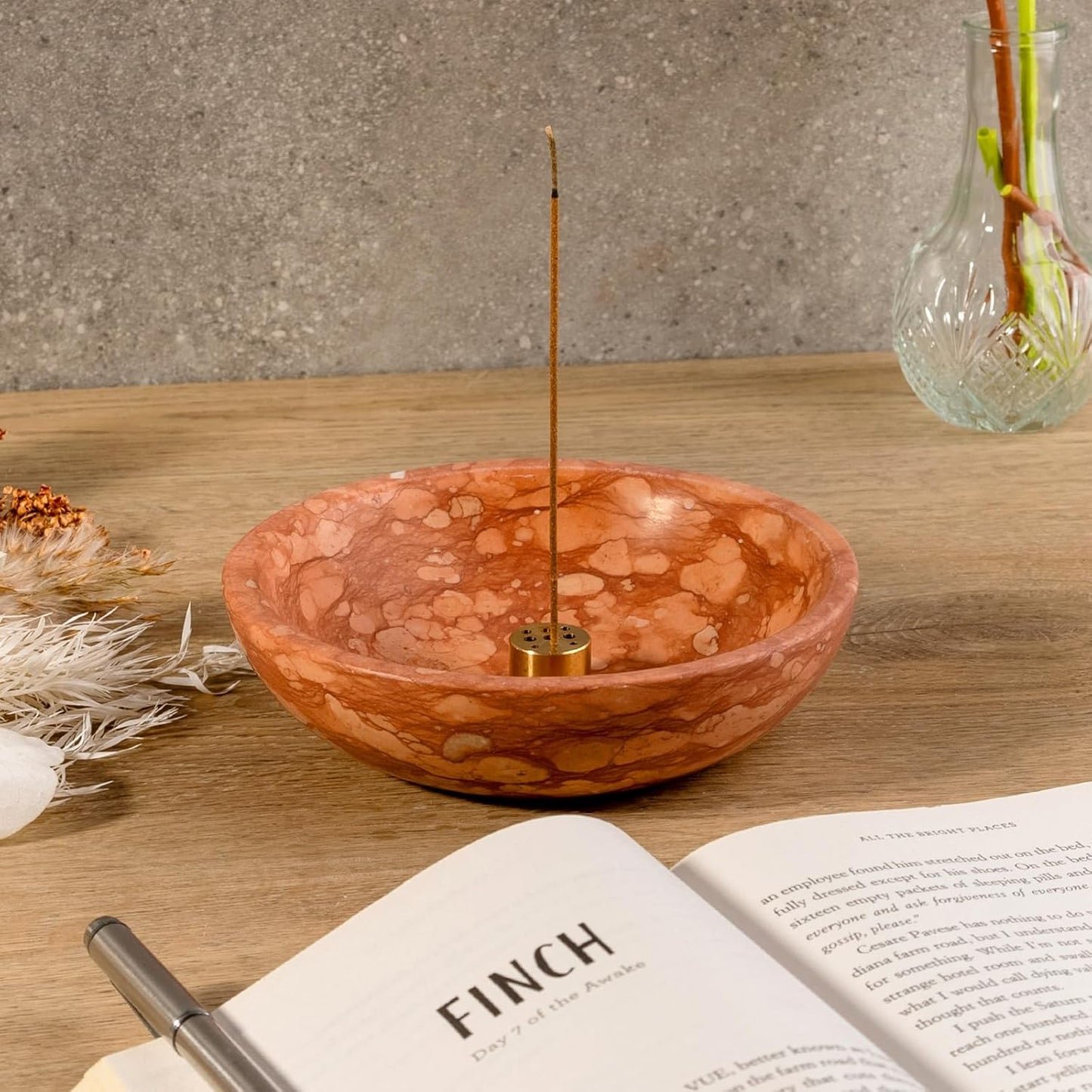 Koville Natural Marble Incense Holder, Incense Holder for Sticks with 9 Holes, Handmade Incense Burner Ash Catcher for Meditation Yoga SPA, Balsam Fir/Palo Santo/Sage/Cone (Green)